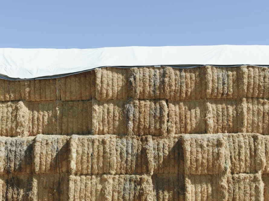 Tarpaulin covering stacked hay bales.